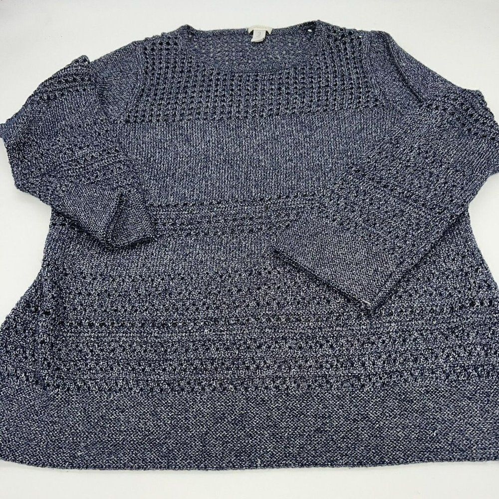 Chicos Womens Sweater Top Size 3 XL Shimmering Dark Blue Crocheted Look Sheer